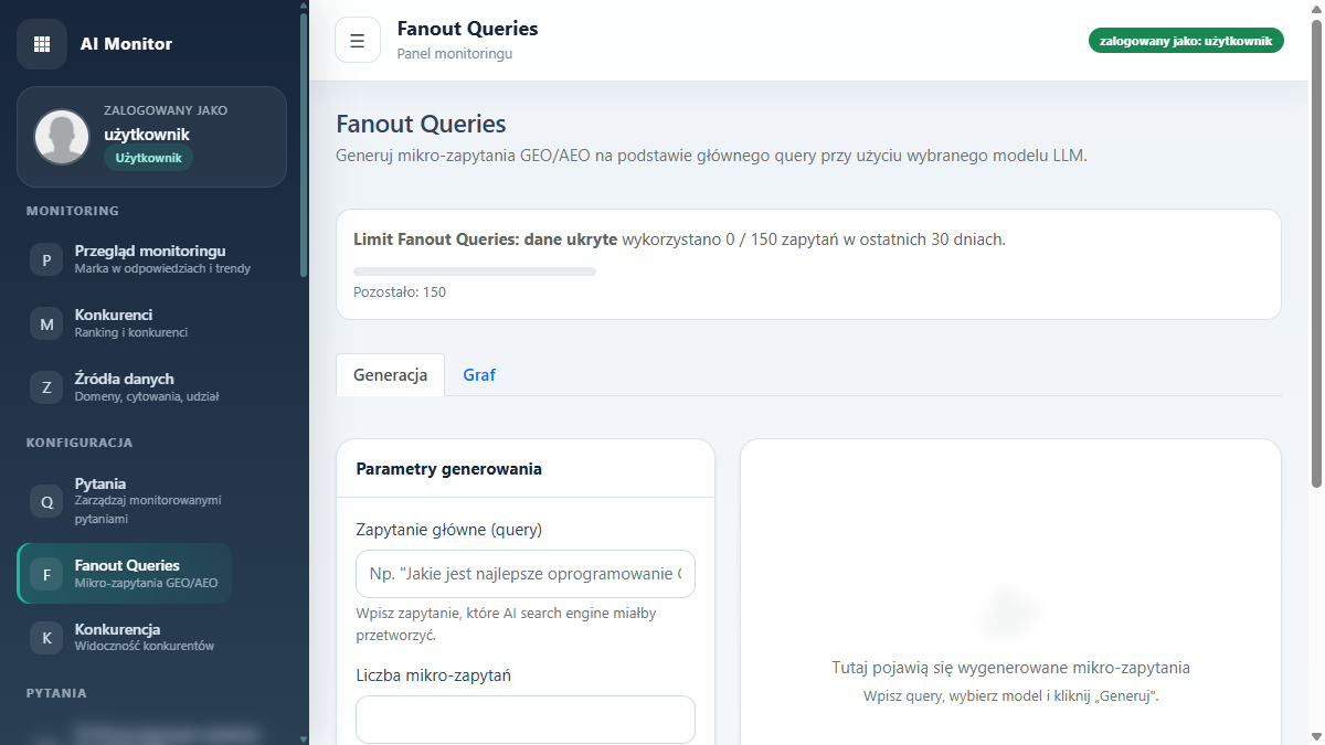 Formularz Fanout Queries w AI Monitor do generowania mikro-zapytań