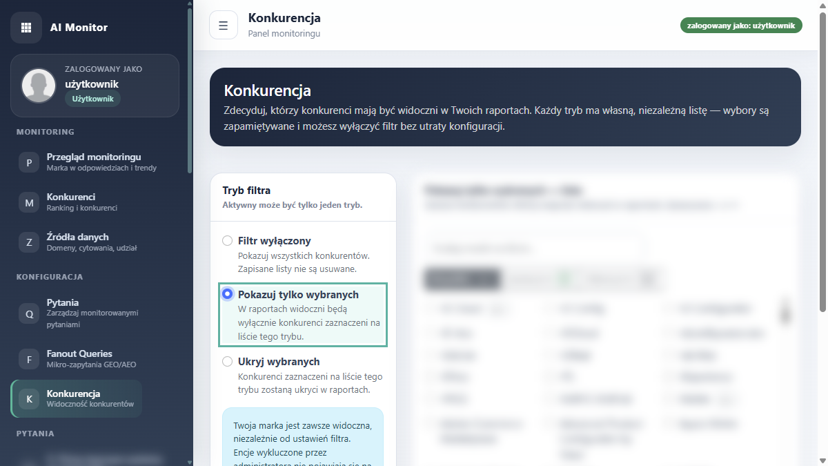 Konfiguracja filtra konkurencji z zaznaczonym trybem Pokazuj tylko wybranych